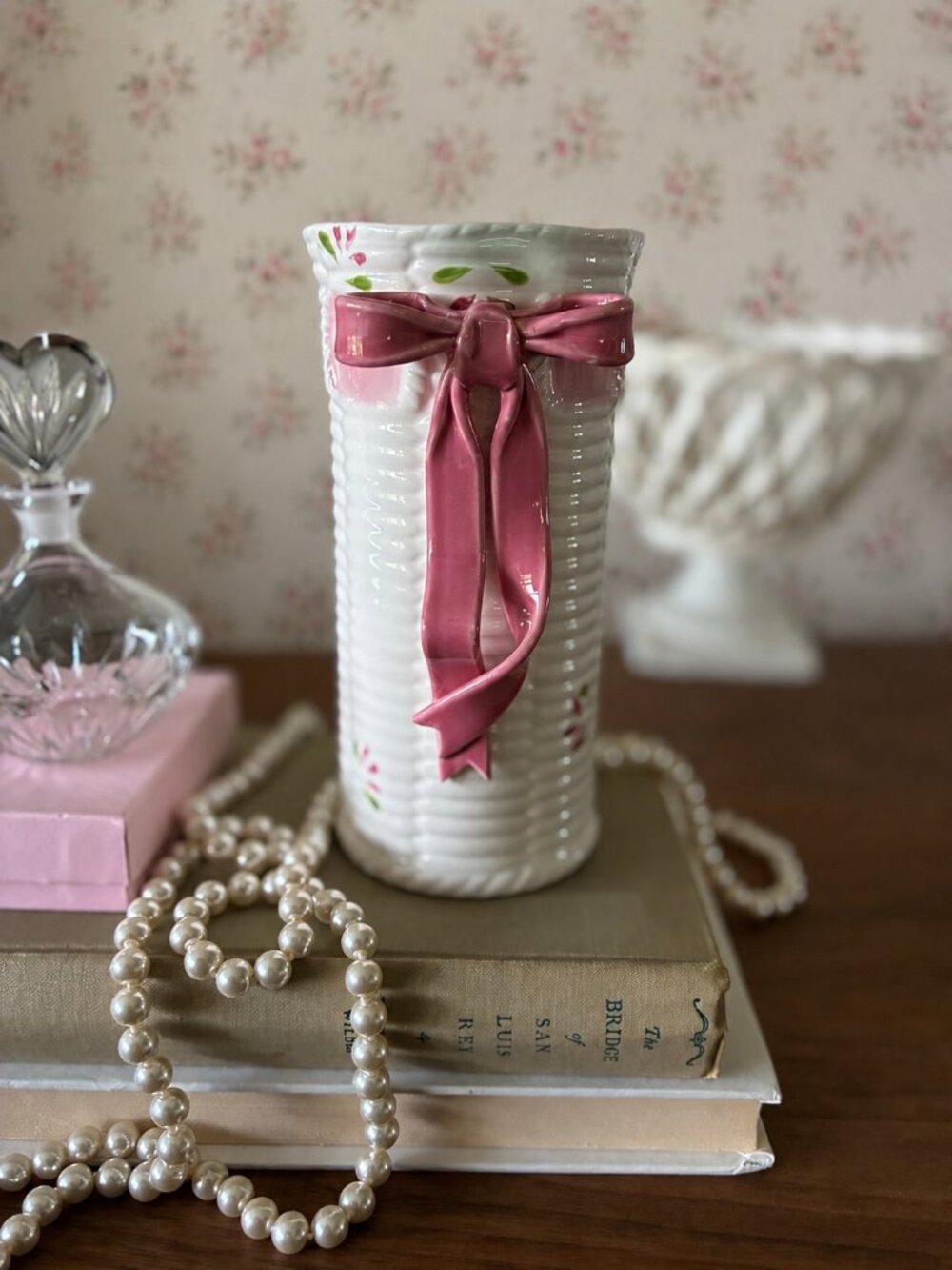 Vintage Pink Bow Ceramic Vase | Coquette Cottagecore Grandmillennial Floral Deco